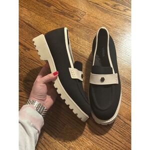 NEW Vivaia | Round Toe Platform Chunky Heel Loafers Black Cream Ivory Sz 42/10.5